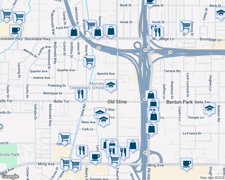 map of restaurants, bars, coffee shops, grocery stores, and more near 3801 Brave Avenue in Bakersfield