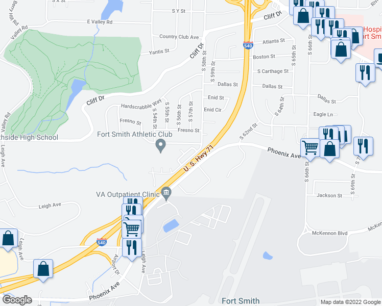 map of restaurants, bars, coffee shops, grocery stores, and more near 3411 Heather Moor in Fort Smith