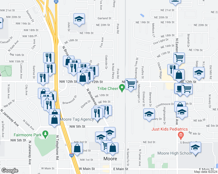 map of restaurants, bars, coffee shops, grocery stores, and more near 129 Northeast 11th Street in Moore