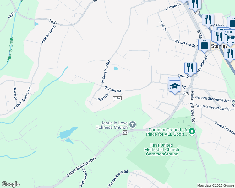 map of restaurants, bars, coffee shops, grocery stores, and more near 116 Brooks Drive in Stanley