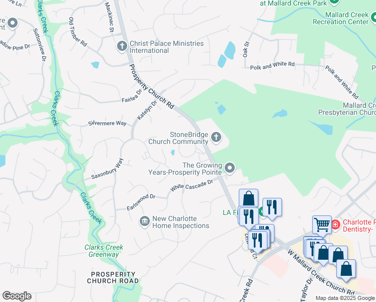 map of restaurants, bars, coffee shops, grocery stores, and more near 3705 Prosperity Church Road in Charlotte