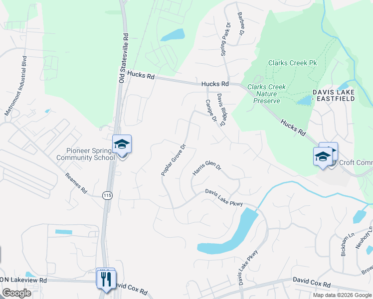 map of restaurants, bars, coffee shops, grocery stores, and more near 9319 Crofton Springs Drive in Charlotte