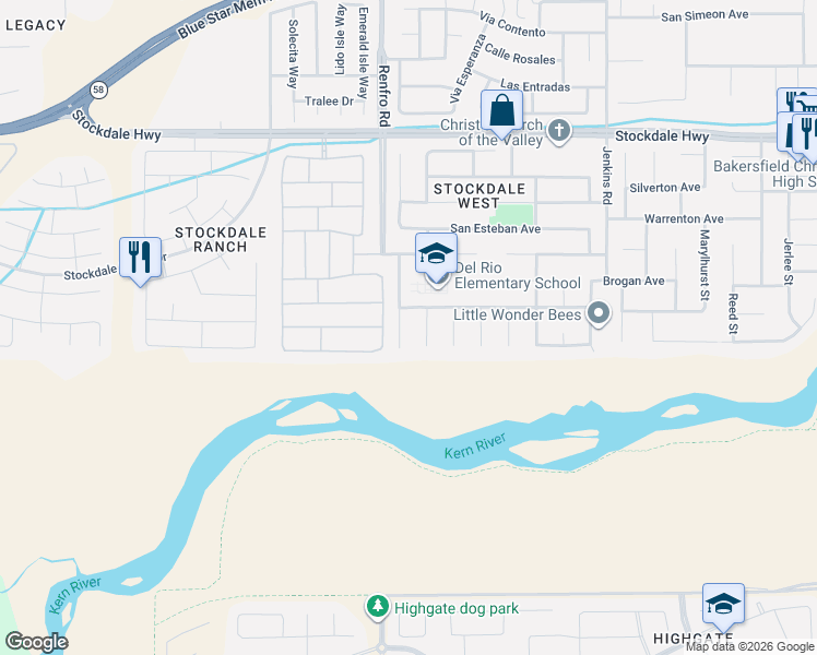 map of restaurants, bars, coffee shops, grocery stores, and more near 812 Quintana Drive in Bakersfield