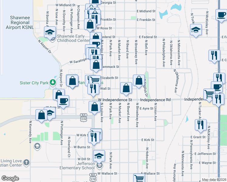 map of restaurants, bars, coffee shops, grocery stores, and more near 218 West Independence Street in Shawnee