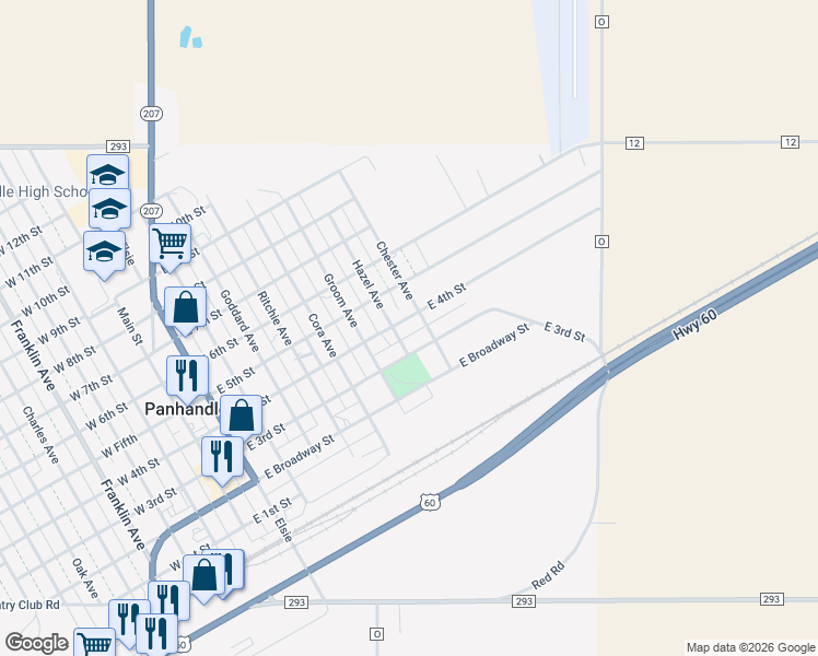 map of restaurants, bars, coffee shops, grocery stores, and more near 801-813 East 3rd Street in Panhandle