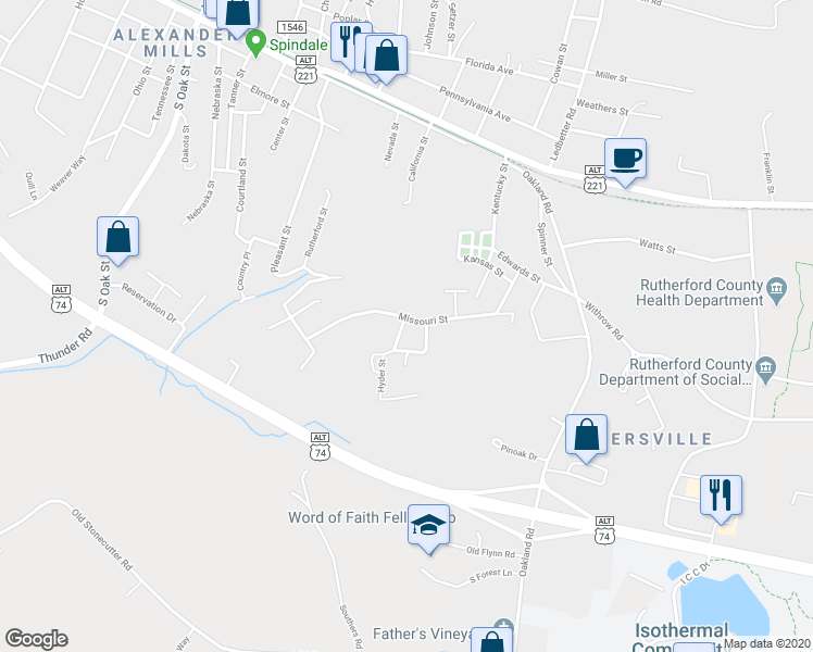 map of restaurants, bars, coffee shops, grocery stores, and more near 271 Missouri Street in Spindale