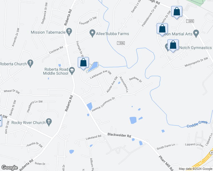 map of restaurants, bars, coffee shops, grocery stores, and more near 4642 Dunberry Place Southwest in Concord