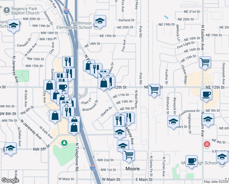 map of restaurants, bars, coffee shops, grocery stores, and more near 124 Northeast 12th Street in Moore