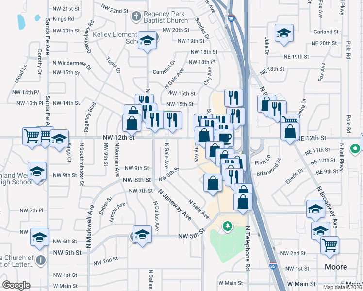 map of restaurants, bars, coffee shops, grocery stores, and more near 1004 Lawton Avenue in Moore