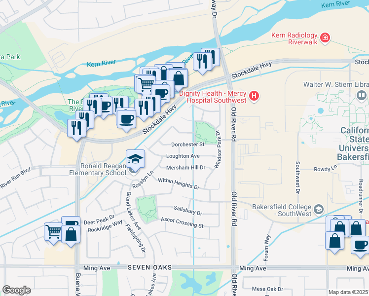 map of restaurants, bars, coffee shops, grocery stores, and more near 10415 Dorchester Street in Bakersfield