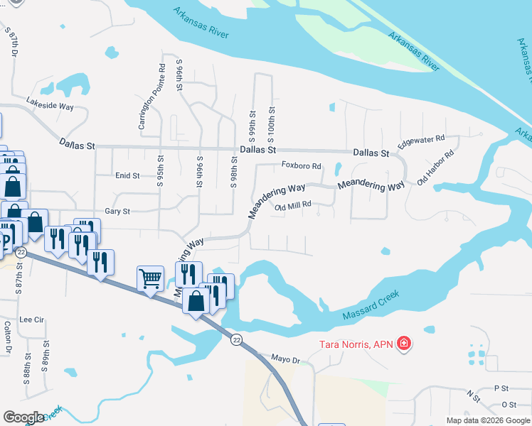 map of restaurants, bars, coffee shops, grocery stores, and more near 9906 Meandering Way in Fort Smith