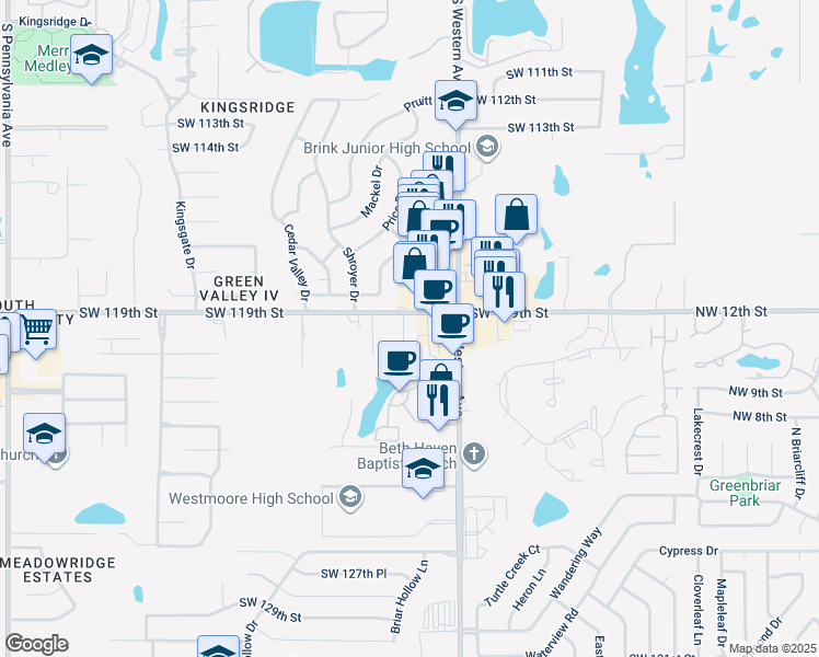 map of restaurants, bars, coffee shops, grocery stores, and more near 11807 South Western Avenue in Oklahoma City
