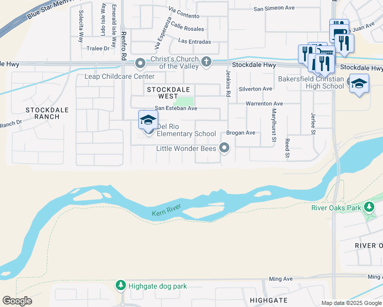 map of restaurants, bars, coffee shops, grocery stores, and more near 709 Arroyo Seco Drive in Bakersfield