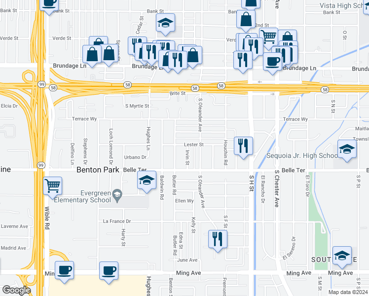 map of restaurants, bars, coffee shops, grocery stores, and more near 2209 Lester Street in Bakersfield