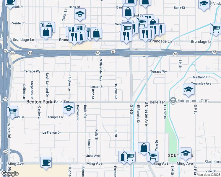 map of restaurants, bars, coffee shops, grocery stores, and more near 1901 Bradford Street in Bakersfield