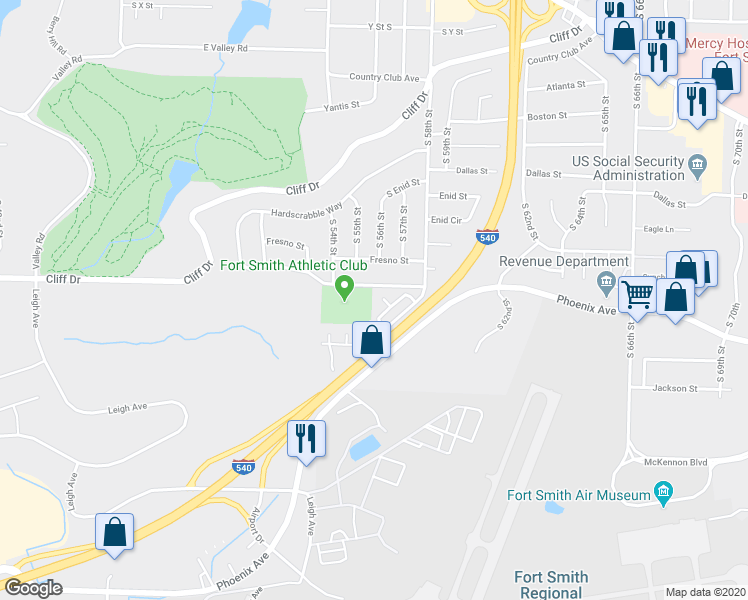 map of restaurants, bars, coffee shops, grocery stores, and more near 5513 Gary Street in Fort Smith