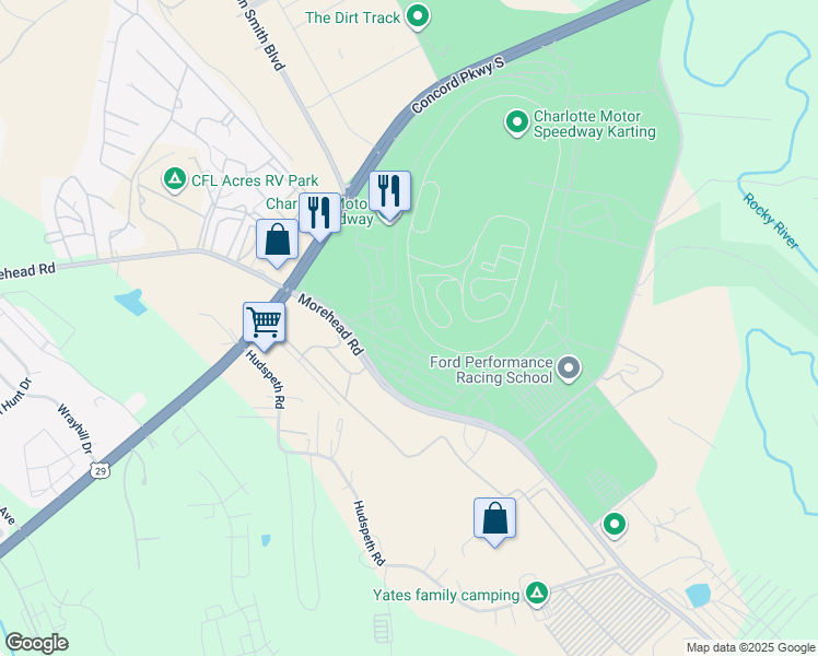 map of restaurants, bars, coffee shops, grocery stores, and more near 4741 Morehead Road in Concord