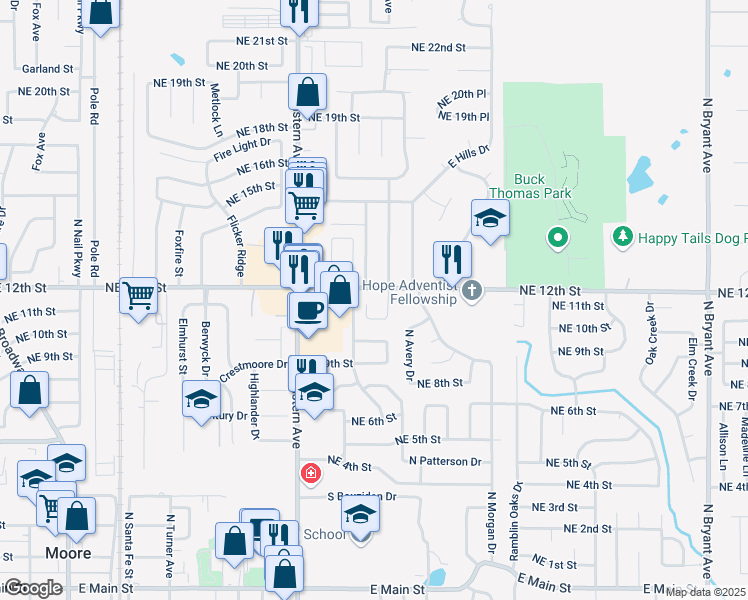 map of restaurants, bars, coffee shops, grocery stores, and more near 1301 North Lincoln Avenue in Moore