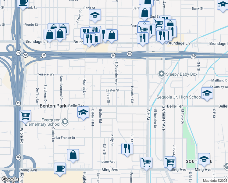 map of restaurants, bars, coffee shops, grocery stores, and more near 801 S Street in Bakersfield