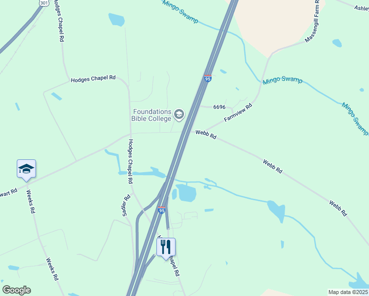 map of restaurants, bars, coffee shops, grocery stores, and more near Robin Hood Road in Dunn