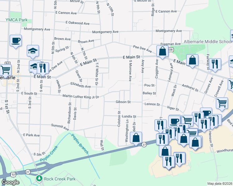 map of restaurants, bars, coffee shops, grocery stores, and more near 1039 Rush Drive in Albemarle