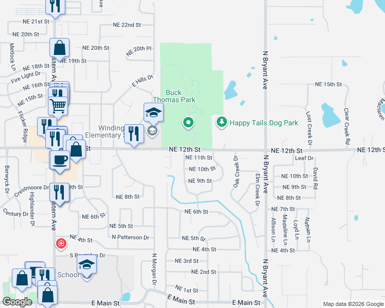 map of restaurants, bars, coffee shops, grocery stores, and more near 1405 Northeast 11th Street in Moore