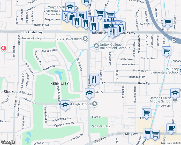 map of restaurants, bars, coffee shops, grocery stores, and more near 600 New Stine Road in Bakersfield