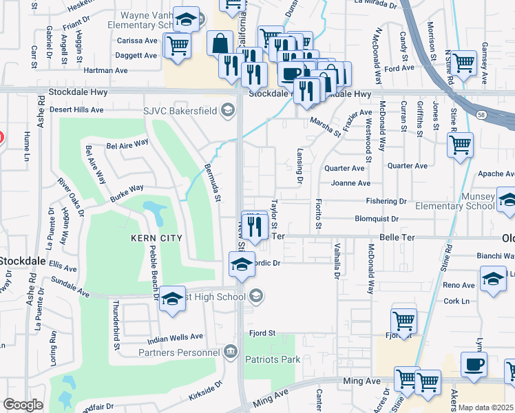 map of restaurants, bars, coffee shops, grocery stores, and more near 609 Taylor Street in Bakersfield