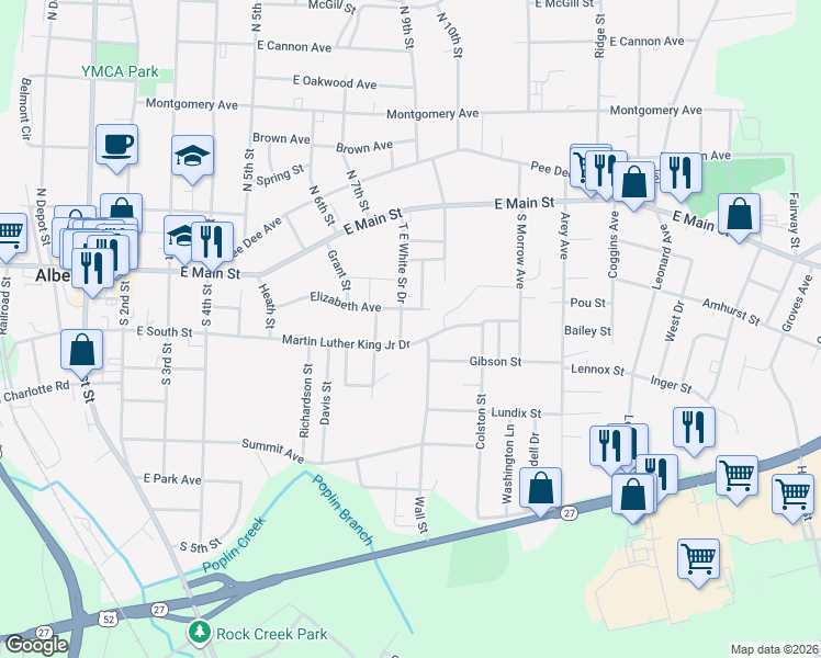 map of restaurants, bars, coffee shops, grocery stores, and more near 321 Center Street in Albemarle