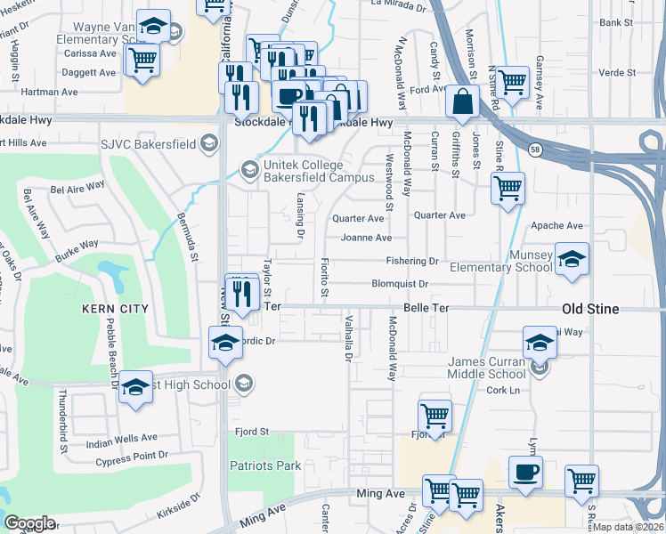 map of restaurants, bars, coffee shops, grocery stores, and more near 4625 Fishering Drive in Bakersfield