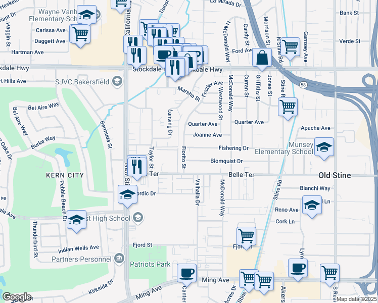 map of restaurants, bars, coffee shops, grocery stores, and more near 4625 Fishering Drive in Bakersfield