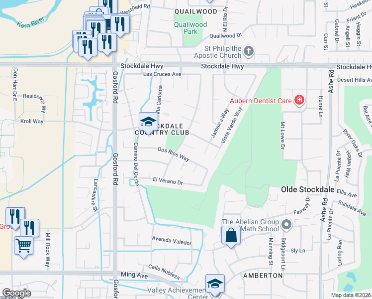 map of restaurants, bars, coffee shops, grocery stores, and more near 620 Montalvo Drive in Bakersfield