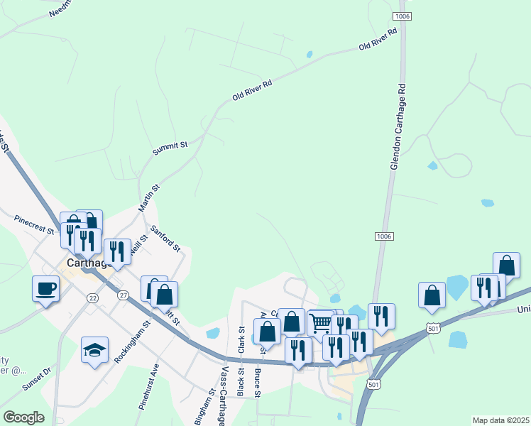 map of restaurants, bars, coffee shops, grocery stores, and more near 480 Simpson Road in Carthage