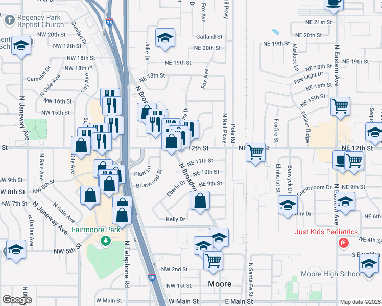 map of restaurants, bars, coffee shops, grocery stores, and more near 126 Northeast 12th Street in Moore