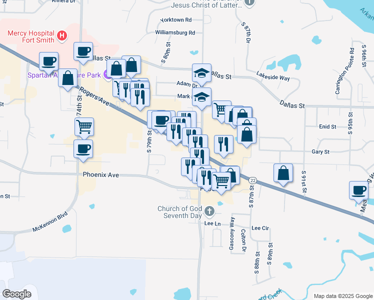 map of restaurants, bars, coffee shops, grocery stores, and more near 8200 Rogers Avenue in Fort Smith
