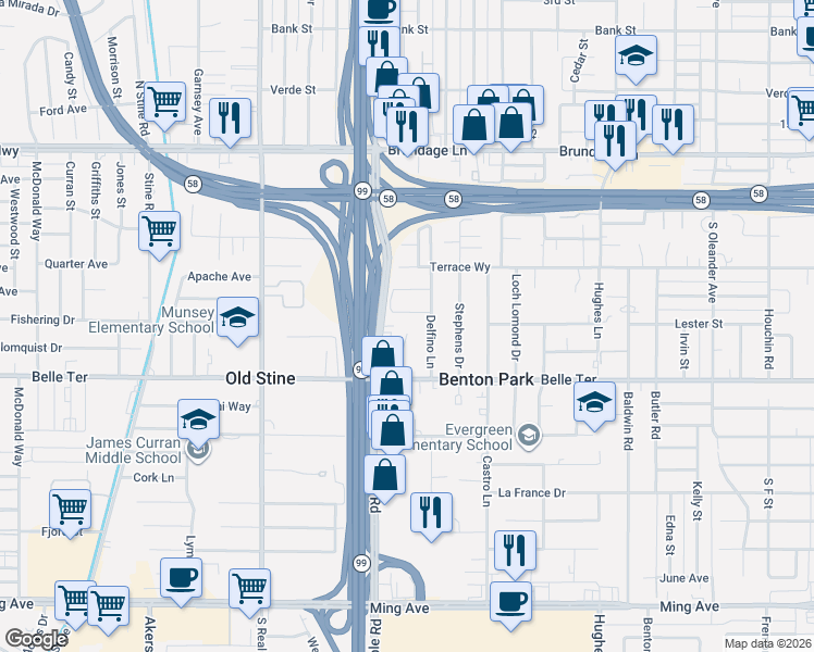 map of restaurants, bars, coffee shops, grocery stores, and more near 600 South Olive Street in Bakersfield