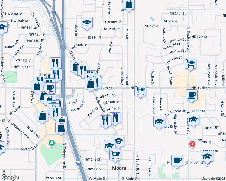 map of restaurants, bars, coffee shops, grocery stores, and more near 158 Northeast 12th Street in Moore