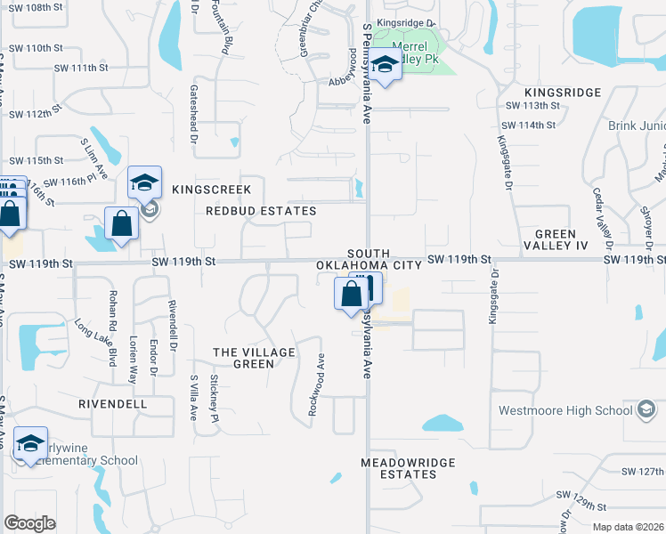 map of restaurants, bars, coffee shops, grocery stores, and more near 2131 Southwest 119th Street in Oklahoma City