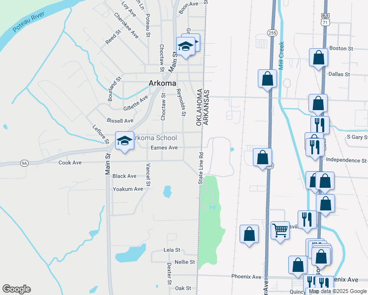 map of restaurants, bars, coffee shops, grocery stores, and more near 200 Eames Avenue in Arkoma