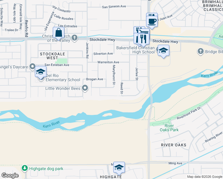 map of restaurants, bars, coffee shops, grocery stores, and more near 613 Marylhurst Street in Bakersfield