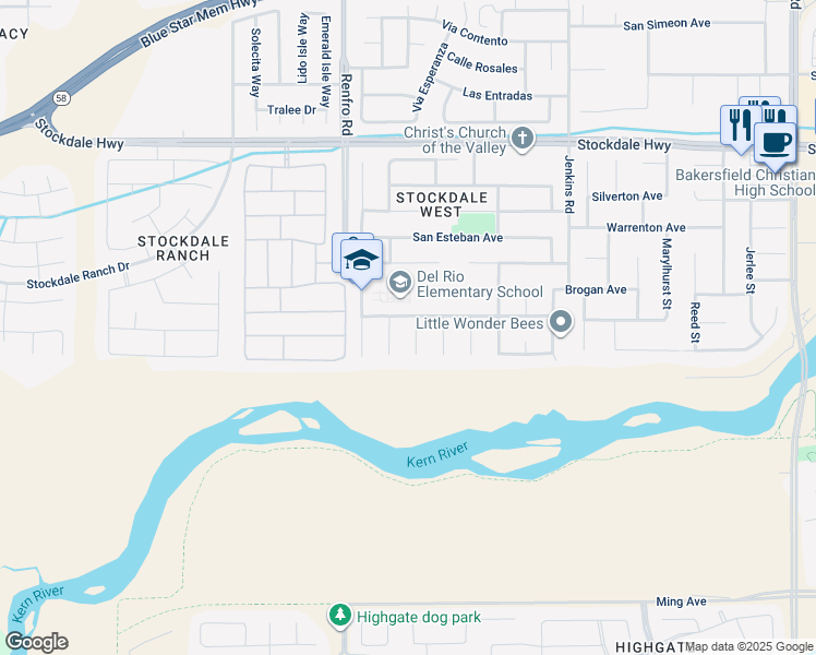 map of restaurants, bars, coffee shops, grocery stores, and more near 700 Mazatlan Drive in Bakersfield