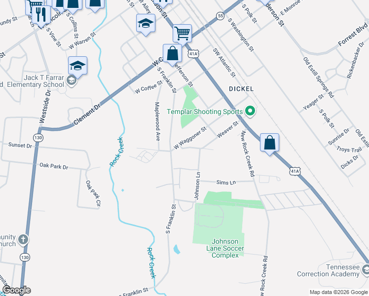 map of restaurants, bars, coffee shops, grocery stores, and more near 422 West Waggoner Street in Tullahoma