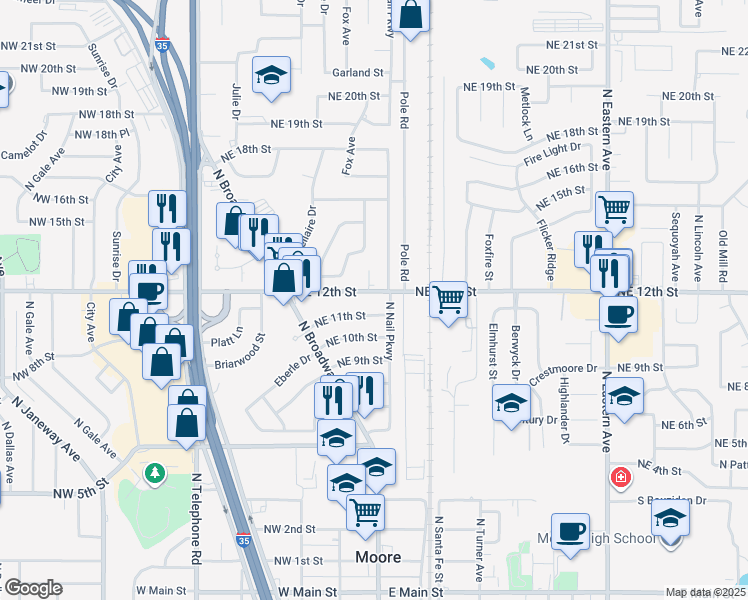 map of restaurants, bars, coffee shops, grocery stores, and more near 1301 North Nail Parkway in Moore