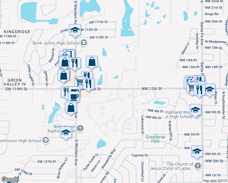 map of restaurants, bars, coffee shops, grocery stores, and more near 12301 Greenlea Chase West in Oklahoma City