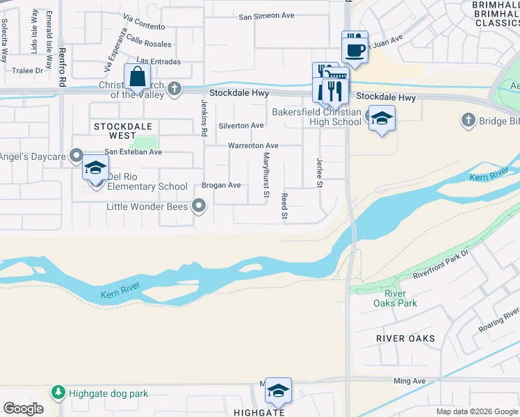 map of restaurants, bars, coffee shops, grocery stores, and more near 613 Marylhurst Street in Bakersfield