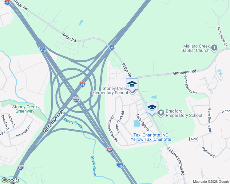 map of restaurants, bars, coffee shops, grocery stores, and more near Jeff Gordon Expressway in Mecklenburg