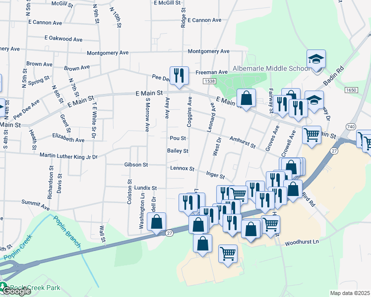 map of restaurants, bars, coffee shops, grocery stores, and more near 420 Coggins Avenue in Albemarle