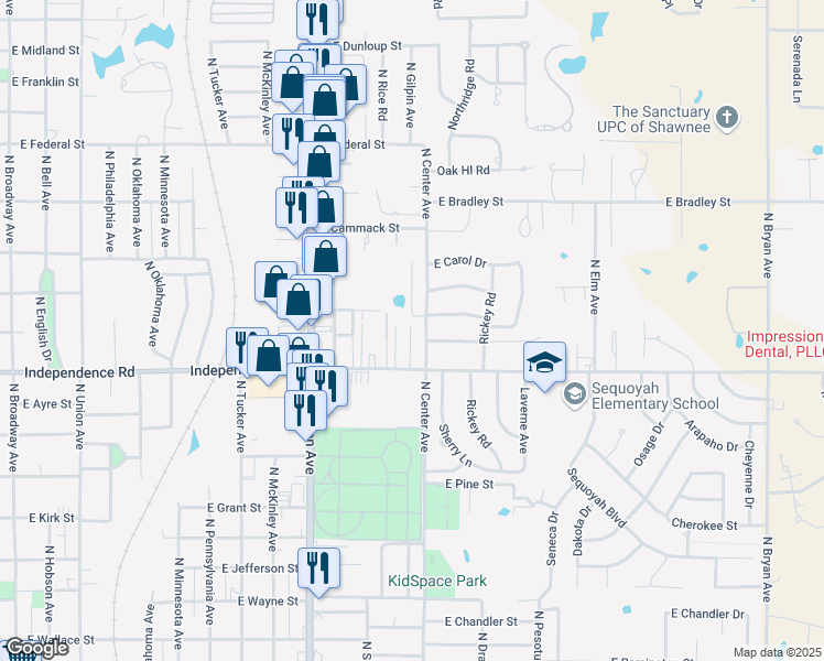 map of restaurants, bars, coffee shops, grocery stores, and more near 2279 North Shawnee in Shawnee