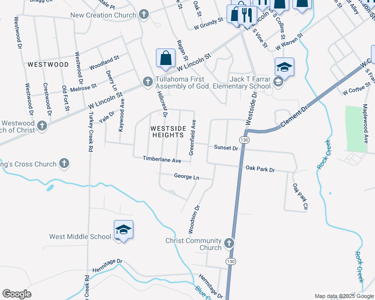 map of restaurants, bars, coffee shops, grocery stores, and more near 218 Greenfield Avenue in Tullahoma