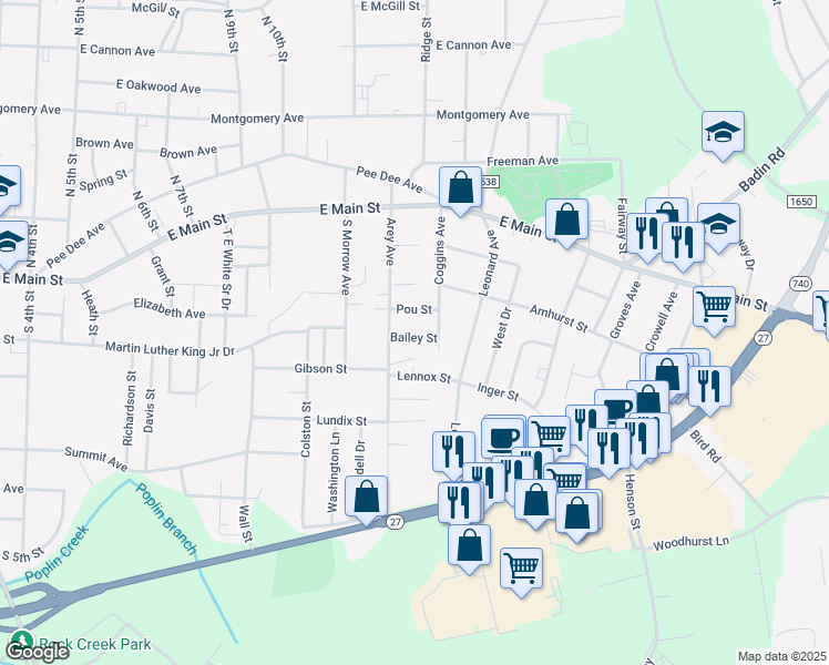 map of restaurants, bars, coffee shops, grocery stores, and more near 404 Coggins Avenue in Albemarle